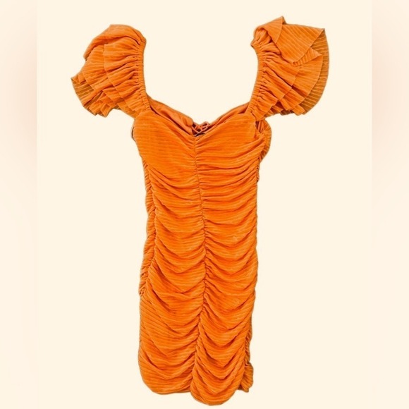 Zara Pleated Ruffle Mini Short Ruched Dress w/Ruffled Sleeves, Orange, Size S - Picture 5 of 10